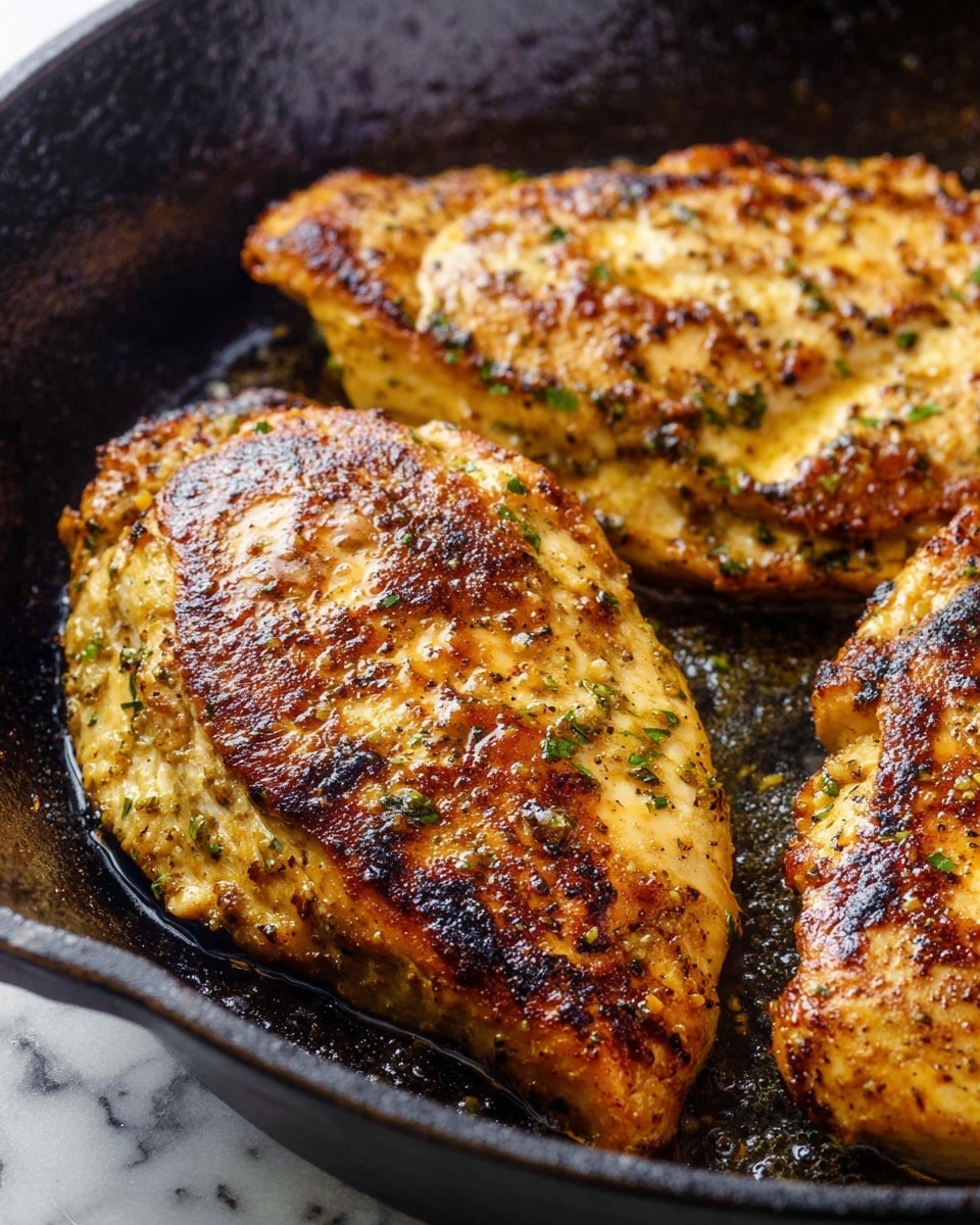 The image shows three cooked pieces of chicken with a golden brown color and some charred spots on the surface, indicating they were cooked in a pan. The chicken has a slightly oily and shiny texture with visible herbs and pepper sprinkled on top. The pieces vary in size and shape, sitting in a black cast iron pan on a white marbled surface. Photo taken with an iphone --ar 4:5 --v 7