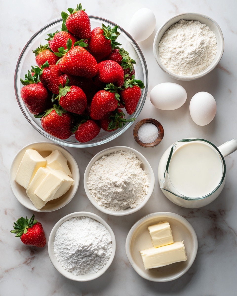 The image shows ingredients arranged neatly on a white marbled surface with text labels. At the center, a clear bowl is filled with bright red strawberries with green leaves. Surrounding the bowl are small white bowls holding white powders labeled as all purpose flour, cake flour, baking powder, salt, and sugar. There is a small white bowl with vanilla liquid, a white bowl containing three white eggs, a white dish with two small pieces of butter, and a clear glass measuring cup filled with heavy cream. A small white jug contains milk. The setup is clean and bright with a soft natural light. Photo taken with an iphone --ar 4:5 --v 7