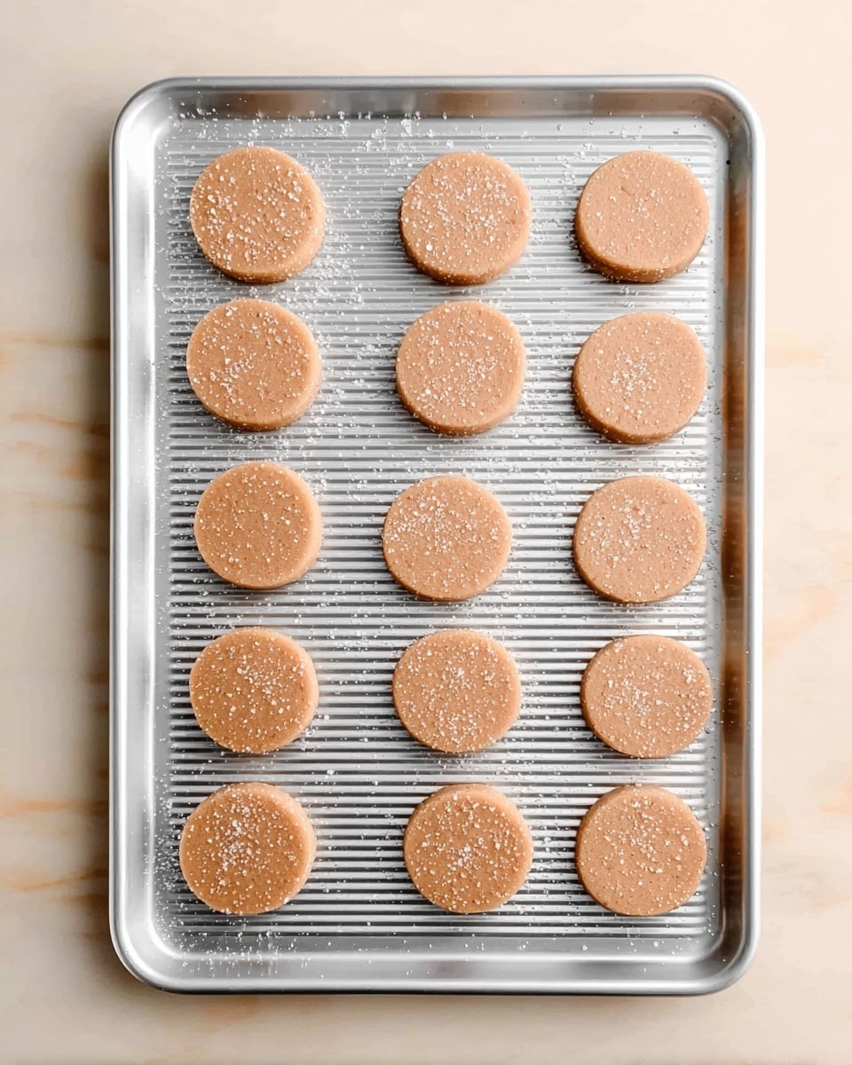 The image shows a baking tray with 18 small, round cookie dough pieces arranged neatly in three rows of six on a white marbled surface. Each dough piece is light brown and smooth in texture, with a thin layer of coarse salt sprinkled lightly over and around them on the tray. The baking tray has evenly spaced ridges running horizontally, creating a striped pattern underneath the dough circles. The cookies are raw and ready for baking. Photo taken with an iphone --ar 4:5 --v 7
