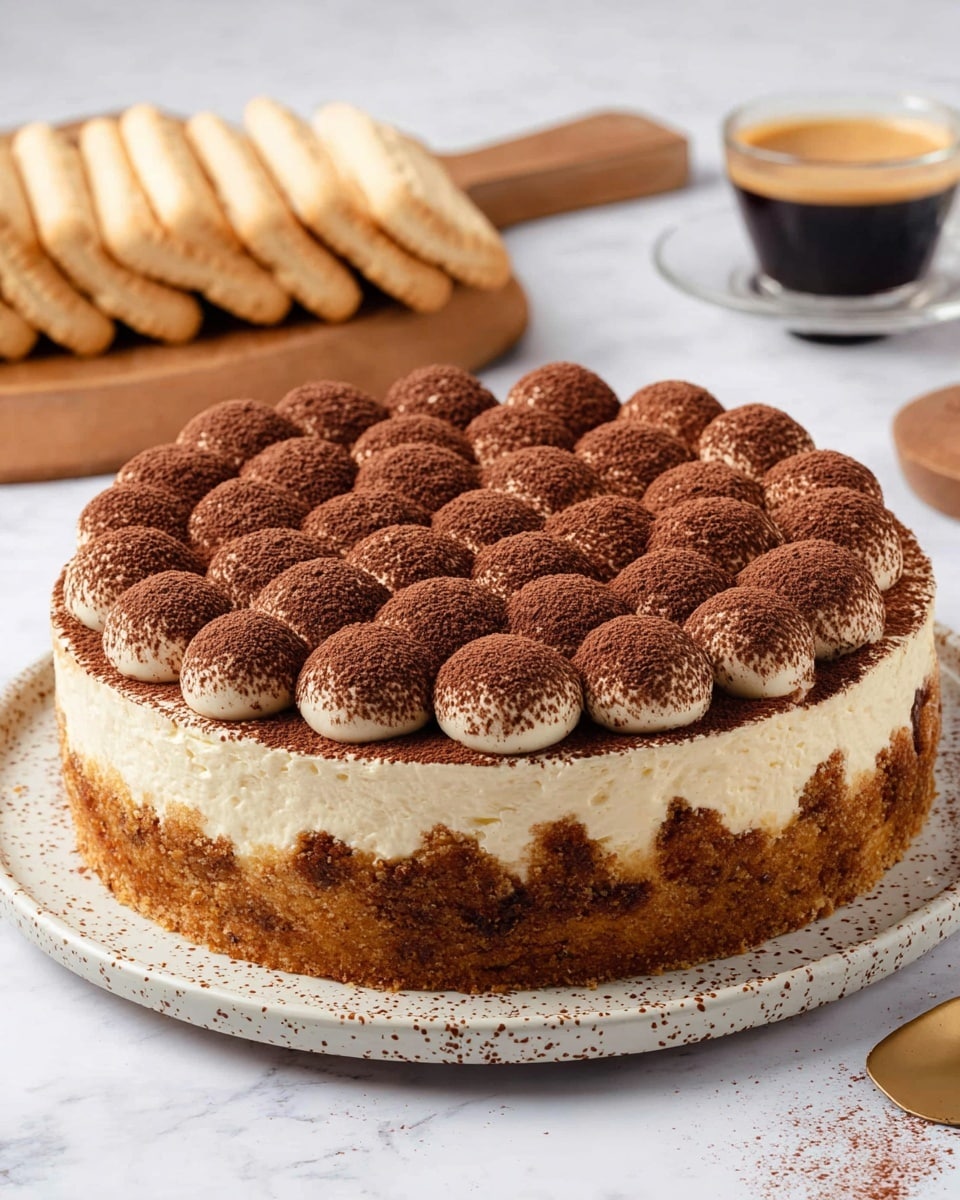 A round dessert with three visible layers sits on a white plate with brown speckles. The bottom layer is thick and crumbly with a golden-brown color, resembling a cookie or biscuit crust. The middle layer is creamy white and smooth, topped with evenly spaced dollops of white cream arranged in rows covering the surface. Each dollop is dusted generously with dark brown cocoa powder, creating a textured contrast. In the background, a wooden board holds light beige ladyfinger biscuits, and there is a small glass cup of dark coffee with light foam on a white marbled surface. A woman's hand is not present in this image photo taken with an iphone --ar 4:5 --v 7