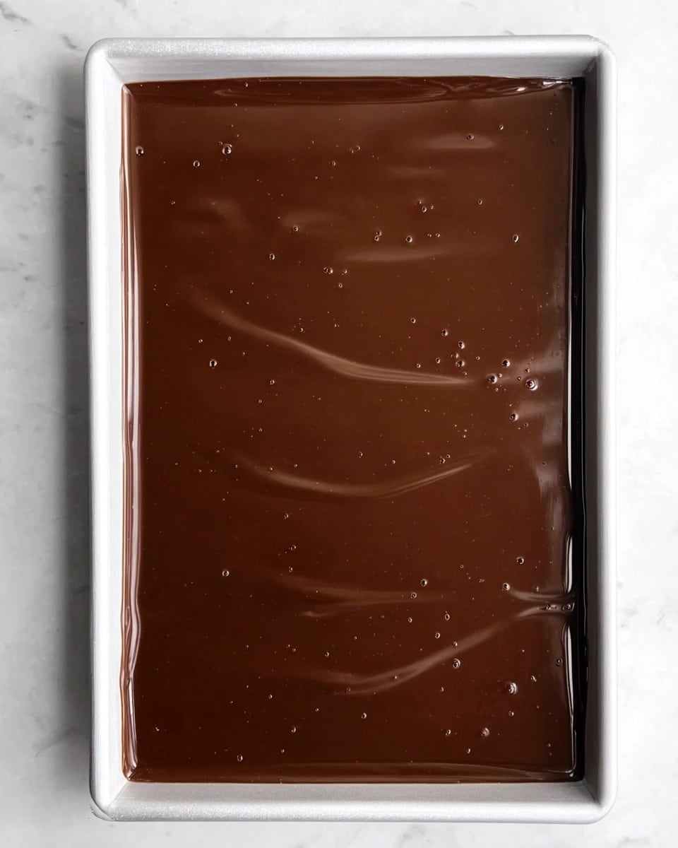 The image shows a shiny, smooth layer of dark chocolate covering the top of a rectangular tray. The chocolate has a few small waves and tiny bubbles on its surface, giving it a slightly uneven shine. The tray is white and sits on a white marbled surface. There are no other visible layers or decorations in the image. photo taken with an iphone --ar 4:5 --v 7