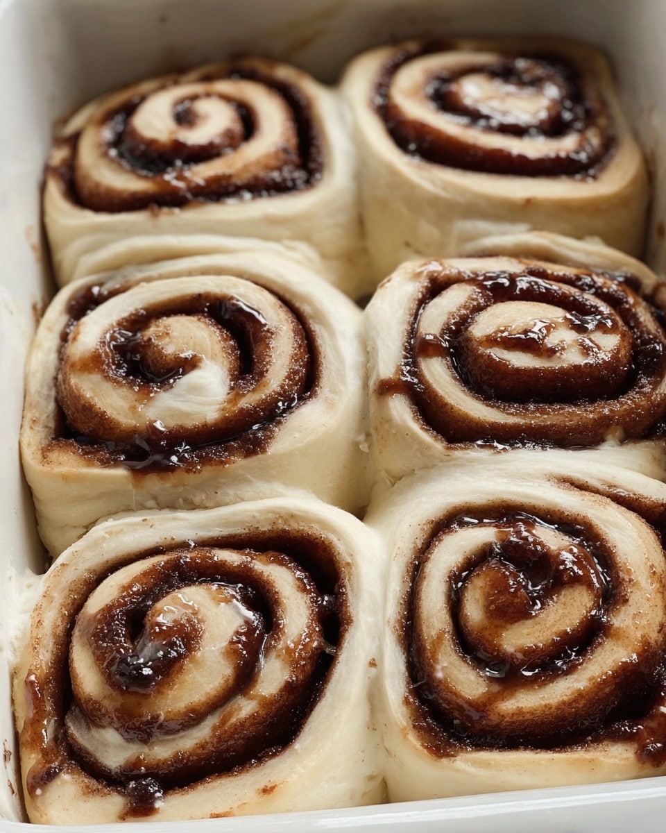 Six cinnamon rolls sit close together in a white baking dish, each showing a light beige dough with a smooth, soft texture and dark brown cinnamon filling spiraled neatly inside. The rolls are fluffy and slightly puffed, with glossy cinnamon swirls that glossy cover the top layers. The background surface is a white marbled texture. photo taken with an iphone --ar 4:5 --v 7
