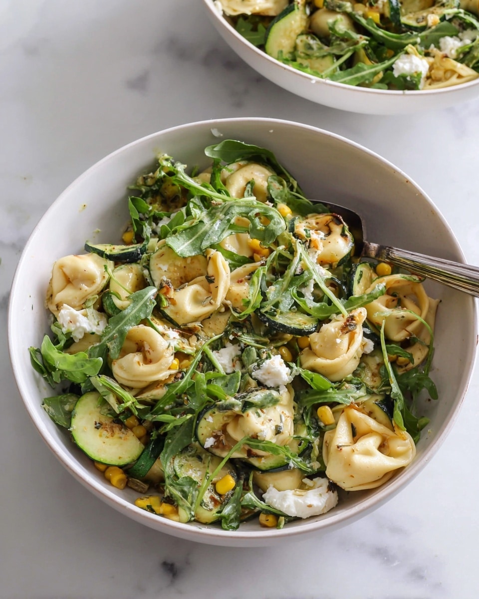 The image shows a white bowl filled with tortellini pasta mixed with many green arugula leaves on top and throughout the dish. There are small, dark green pieces of cooked zucchini and bits of yellow corn scattered among the pasta and greens. Some white soft cheese is visible near the side of the bowl. The bowl sits on a white marbled surface, and a silver fork is placed inside the bowl, leaning against its edge. Part of another bowl is visible in the background, also filled with a similar mix of pasta, greens, and cheese. photo taken with an iphone --ar 4:5 --v 7