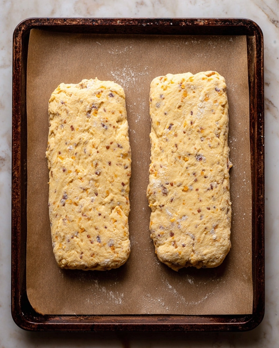 Two thick rectangular dough slabs sit side by side on brown parchment paper on a dark baking tray. The dough is pale yellow with small dark and orange specks throughout, giving it a textured look. The edges of the dough pieces are slightly uneven and lightly floured. The baking tray is placed on a white marbled surface. photo taken with an iphone --ar 4:5 --v 7