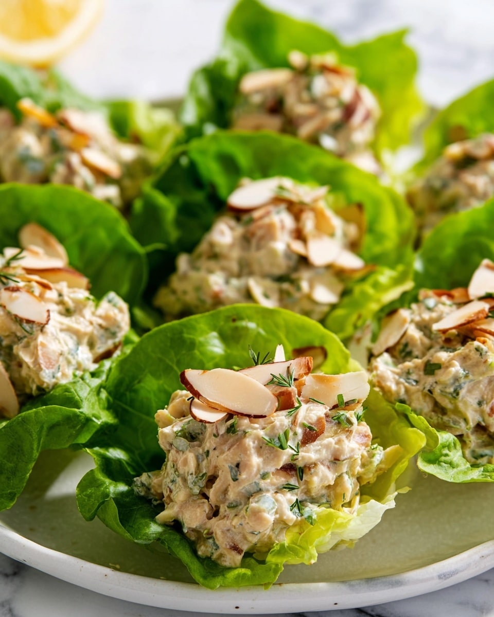 The image shows a white plate filled with bright green butter lettuce leaves forming small cups. Each leaf cup is filled with a creamy, chunky mixture that looks light beige with hints of green and small bits of herbs mixed in. The creamy mixture is topped with thin, toasted almond slices that add a light brown contrast. The overall look is fresh and light, with the green leaves and beige filling standing out against the white plate and a soft white marbled surface in the background. Photo taken with an iphone --ar 4:5 --v 7