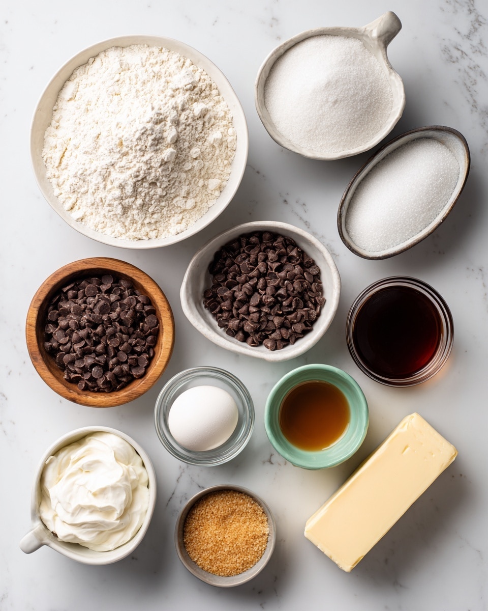 The image shows a flat top view of many baking ingredients arranged on a white marbled surface. There are nine bowls and one butter stick, each holding a different ingredient: a large white bowl of white all-purpose flour, a smaller white bowl full of white powdered sugar, a wooden bowl filled with light brown sugar, a white bowl with many tiny dark brown chocolate chips, a small glass bowl with brewed coffee showing a light brown liquid, a small white bowl with white powder labeled baking powder and soda, a medium brown bowl filled with dark amber pure vanilla extract, a white bowl holding a white egg, a glass jar containing white heavy whipping cream, a small greenish bowl with white salt, and a metal small bowl with golden turbinado sugar. There is also a rectangular stick of unsalted butter with a blue label laying flat near the center. The setup is clean and orderly with clear labels above each ingredient. Photo taken with an iphone --ar 4:5 --v 7