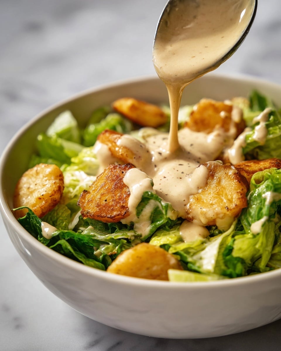 A white bowl filled with fresh green lettuce leaves as the base layer, topped with several golden brown round pieces of cooked food that have a slightly crispy texture. A creamy, light beige sauce with a smooth texture is being poured in thick streams from a ladle onto the top, partially covering the green lettuce and golden pieces below. The bowl is set on a white marbled surface. Photo taken with an iphone --ar 4:5 --v 7