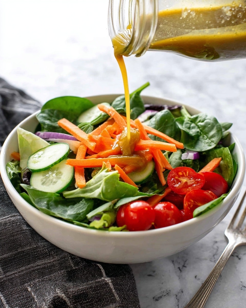 A white bowl filled with a fresh salad showing several layers: dark green spinach leaves and lighter green leafy lettuce at the base, topped with bright orange carrot sticks, light green cucumber slices, and halved red cherry tomatoes scattered on top. Above the salad, a jar is pouring a golden-brown dressing that falls in a stream onto the center of the salad. The bowl rests on a white marbled surface with a silver fork and a dark gray striped cloth nearby. Photo taken with an iphone --ar 4:5 --v 7