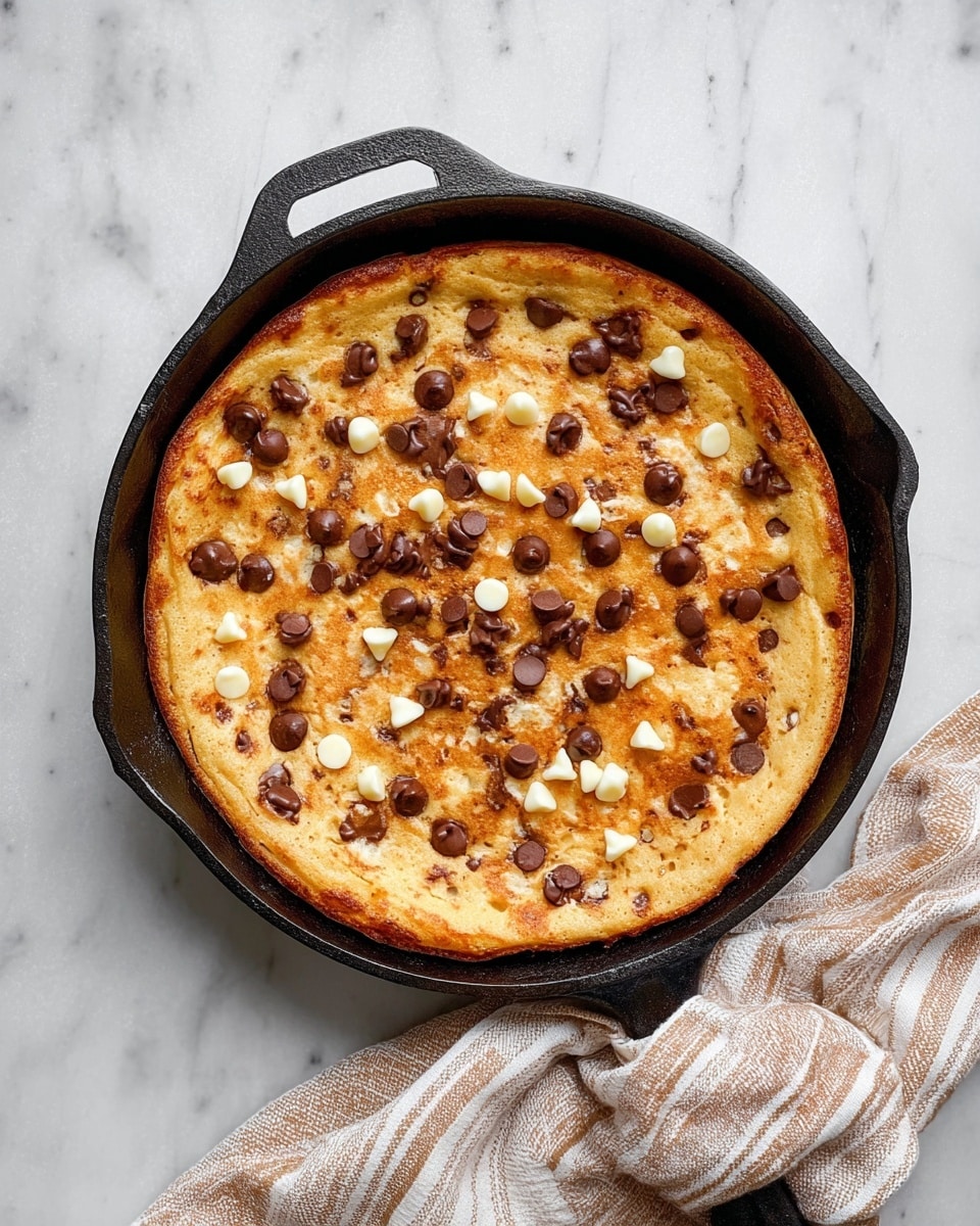 The image shows a thick pancake cooked in a black cast iron pan. The pancake has one visible layer that is golden-brown with a slightly bumpy texture. Scattered across the pancake are dark brown chocolate chips and small white chocolate chunks. The pan is placed on a white marbled surface, with a light brown and white striped cloth partly visible next to the pan. The photo taken with an iphone --ar 4:5 --v 7