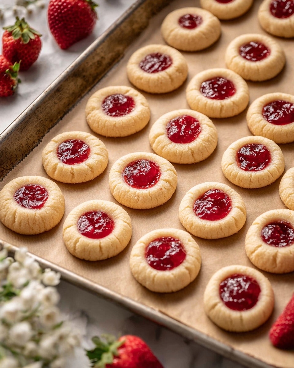 A tray of small, round cookies arranged in neat rows on a brown parchment paper-lined baking tray. Each cookie has a pale golden base with a smooth, slightly raised edge and a glossy, deep red jam center that is slightly sunken. Around the tray's edges, fresh whole and half strawberries with bright red flesh and green leaves are scattered on a white marbled surface. Soft white flowers slightly blur in the foreground, adding depth to the scene. Light and shadows fall gently across the cookies, highlighting their textures. Photo taken with an iphone --ar 4:5 --v 7