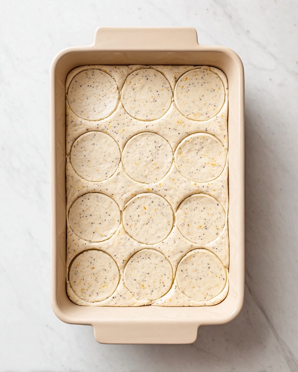 A light beige dough, speckled with small black and yellow dots, is pressed evenly into a light tan rectangular baking dish. On top, there are twelve round shapes pressed down into the dough in a 3 by 4 grid, revealing smooth, flat circular impressions. The baking dish sits on a white marbled surface, giving a clean and simple look. photo taken with an iphone --ar 4:5 --v 7