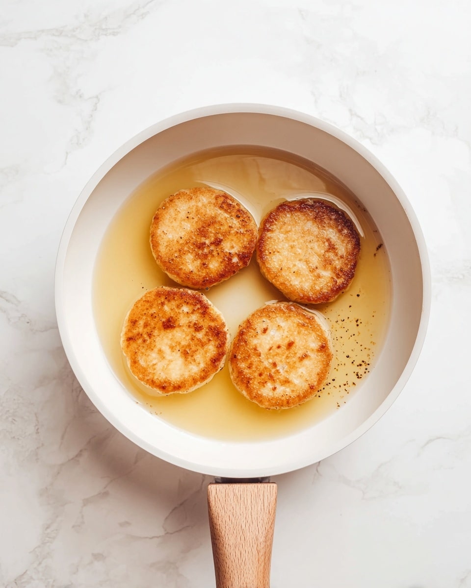 A white pan with a light wood handle contains four round, light golden-brown patties frying in clear, golden oil. The patties have a slightly crispy texture with small darker spots and are evenly spaced in the shallow oil inside the pan. The pan sits on a white marbled surface with subtle grey veins, creating a clean and bright background. photo taken with an iphone --ar 4:5 --v 7