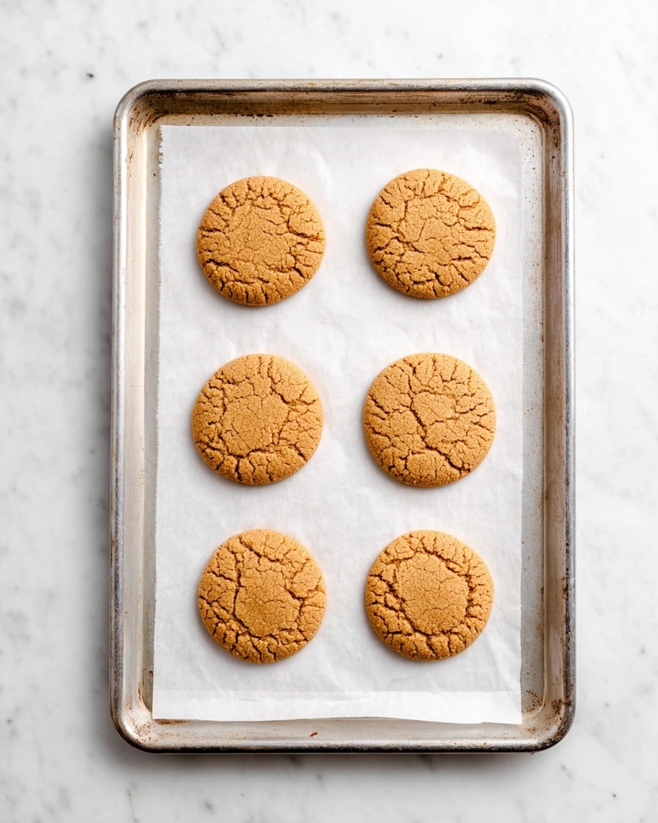 Six round golden brown cookies with a cracked surface are arranged in two columns and three rows on a sheet of white parchment paper. The parchment paper is placed on a rectangular metal baking tray with slightly worn edges. The baking tray rests on a white marbled surface, giving a clean and bright setting. The cookies are evenly spaced and look soft with a slightly rough texture. photo taken with an iphone --ar 4:5 --v 7