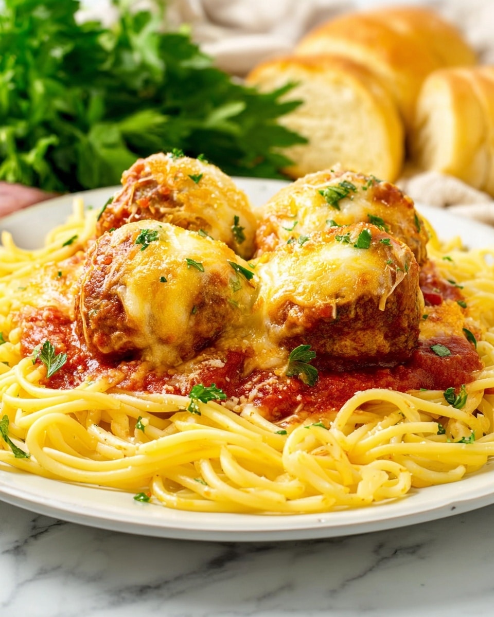 The image shows a white plate with a nest of yellow spaghetti forming the base layer, smooth and slightly glossy. On top of the spaghetti sits a layer of light red tomato sauce with a thick texture, partly covering the noodles. Above the sauce are three large meatballs, each browned with a melted layer of yellow-orange cheese that has browned spots, and sprinkled with small green herb bits. The plate is set on a white marbled surface, beside green parsley leaves and blurred pieces of light brown bread in the background. Photo taken with an iphone --ar 4:5 --v 7