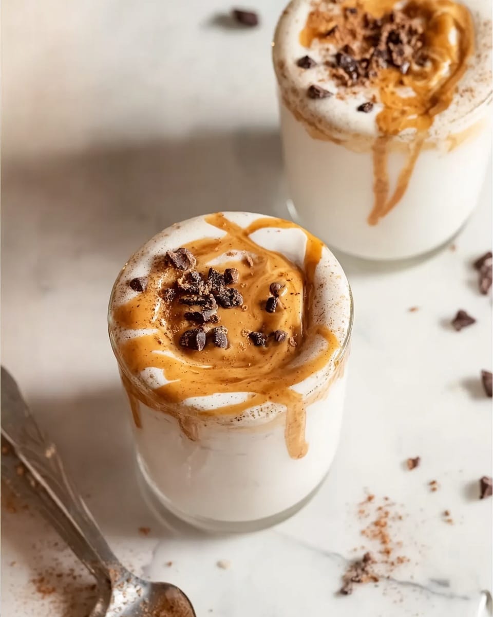 The image shows two white glasses filled with a creamy white drink. On top of the drink is a layer of light brown sauce drizzled unevenly, creating a slight swirl pattern. There are dark brown small crunchy pieces sprinkled on the sauce. The background is a white marbled surface with some scattered dark pieces and a blurry silver spoon laying nearby. The scene is soft and bright, with a cozy feel. photo taken with an iphone --ar 4:5 --v 7