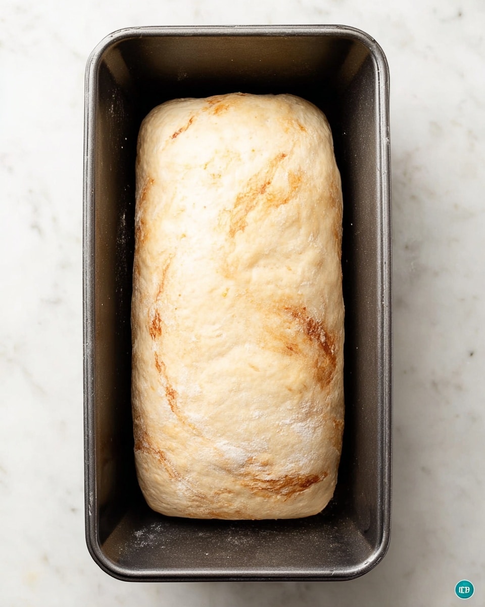 A tall, rectangular bread loaf sits inside a dark gray baking pan on a white marbled surface. The bread has a smooth, pale golden crust with faint brown swirls visible beneath the surface, giving a soft textured look. The top is slightly rounded and the sides fit snugly against the edges of the pan, showing some light browning near the bottom corners. The pan is simple, with a matte finish and curved edges. Photo taken with an iphone --ar 4:5 --v 7