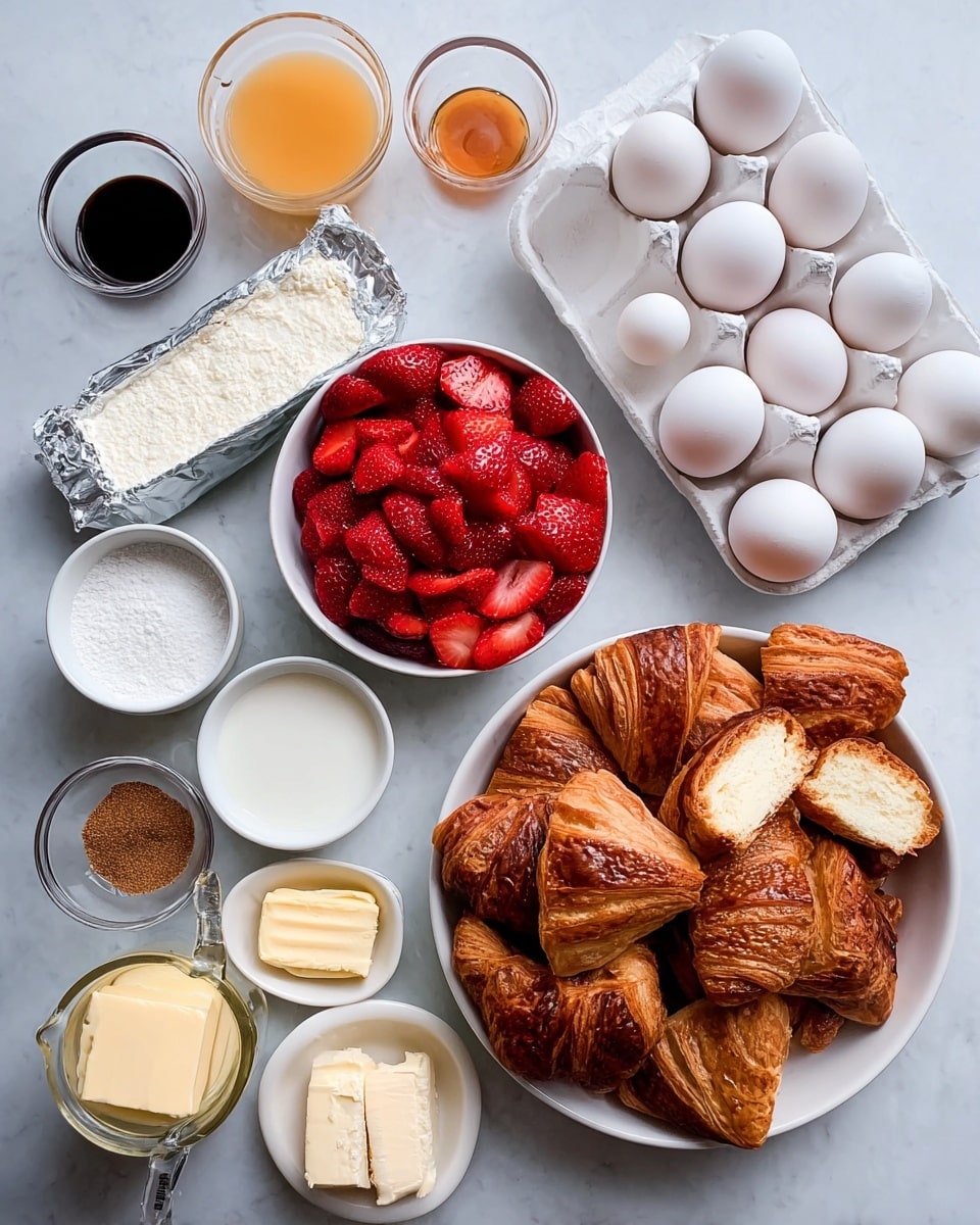 The image shows many ingredients neatly arranged on a white marbled surface, ready for a recipe. In the lower right corner is a large white bowl filled with croissants cut into pieces, showing their golden-brown, flaky texture. Above it is a white egg tray holding six white eggs. A white bowl filled with fresh, bright red sliced strawberries sits at the center. Around it are small white bowls and a measuring cup containing different items: one with brown sugar, one with white salt, one with dark vanilla or syrup, another with powdered sugar, and a small dish with cinnamon powder. A clear measuring cup on the lower left holds milk, and nearby is a dish with soft light-yellow butter. A silver-wrapped block of cream cheese is also visible in the bottom left corner. Photo taken with an iphone --ar 4:5 --v 7