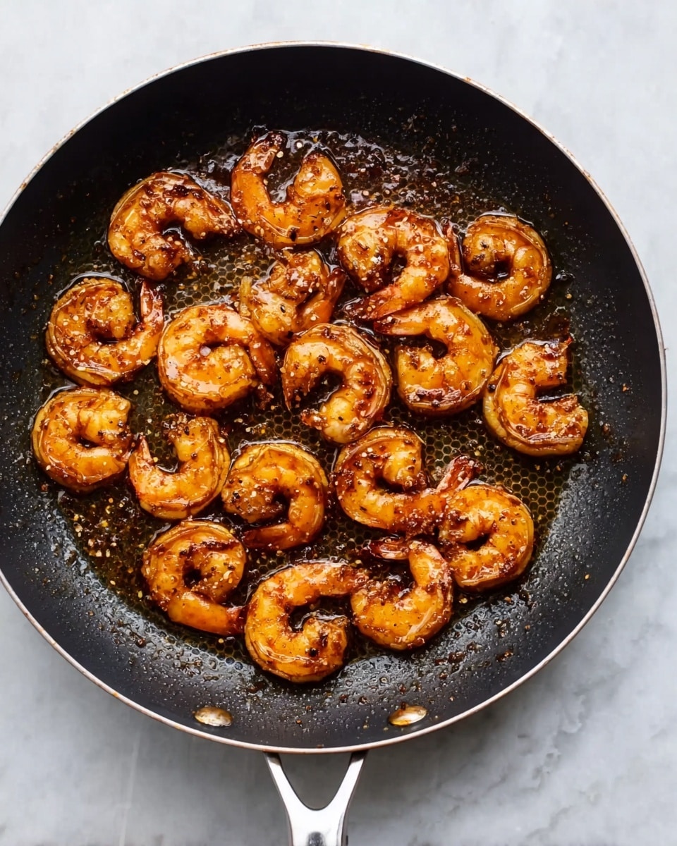 A black frying pan with a silver handle sits on a white marbled surface, filled with a single layer of golden-brown cooked shrimp. The shrimp are arranged evenly across the pan, each piece curled and coated in a shiny, oily sauce that glistens with a rich, reddish-brown color. Tiny specks of seasoning are visible on the shrimp, adding texture to the smooth surface. The pan’s honeycomb pattern is noticeable beneath the sauce, contrasting subtly with the glistening shrimp. Photo taken with an iphone --ar 4:5 --v 7