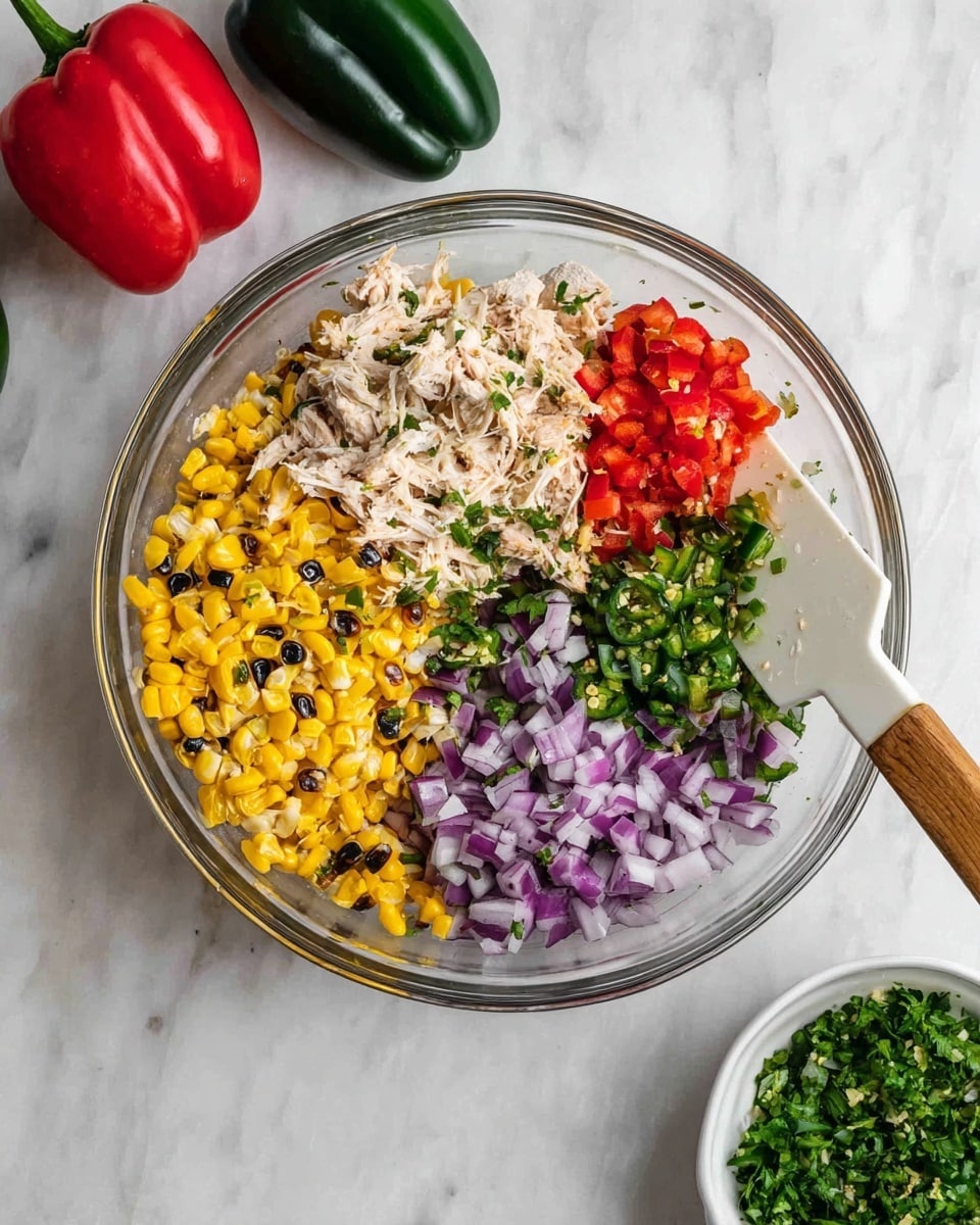 A clear glass bowl contains five separate layers of ingredients arranged like a colorful pie chart. Starting from the bottom left going clockwise, there is a layer of charred yellow corn with black spots, a pile of light beige shredded chicken, finely chopped purple onions, small pieces of green herbs in the center, and chopped red bell peppers. A white spatula with a wooden handle rests on the red pepper section, partially mixing the layers. The bowl sits on a white marbled surface, with a whole red bell pepper on the left and two whole dark green jalapeños beside a small white bowl filled with chopped green jalapeños on the upper right. photo taken with an iphone --ar 4:5 --v 7