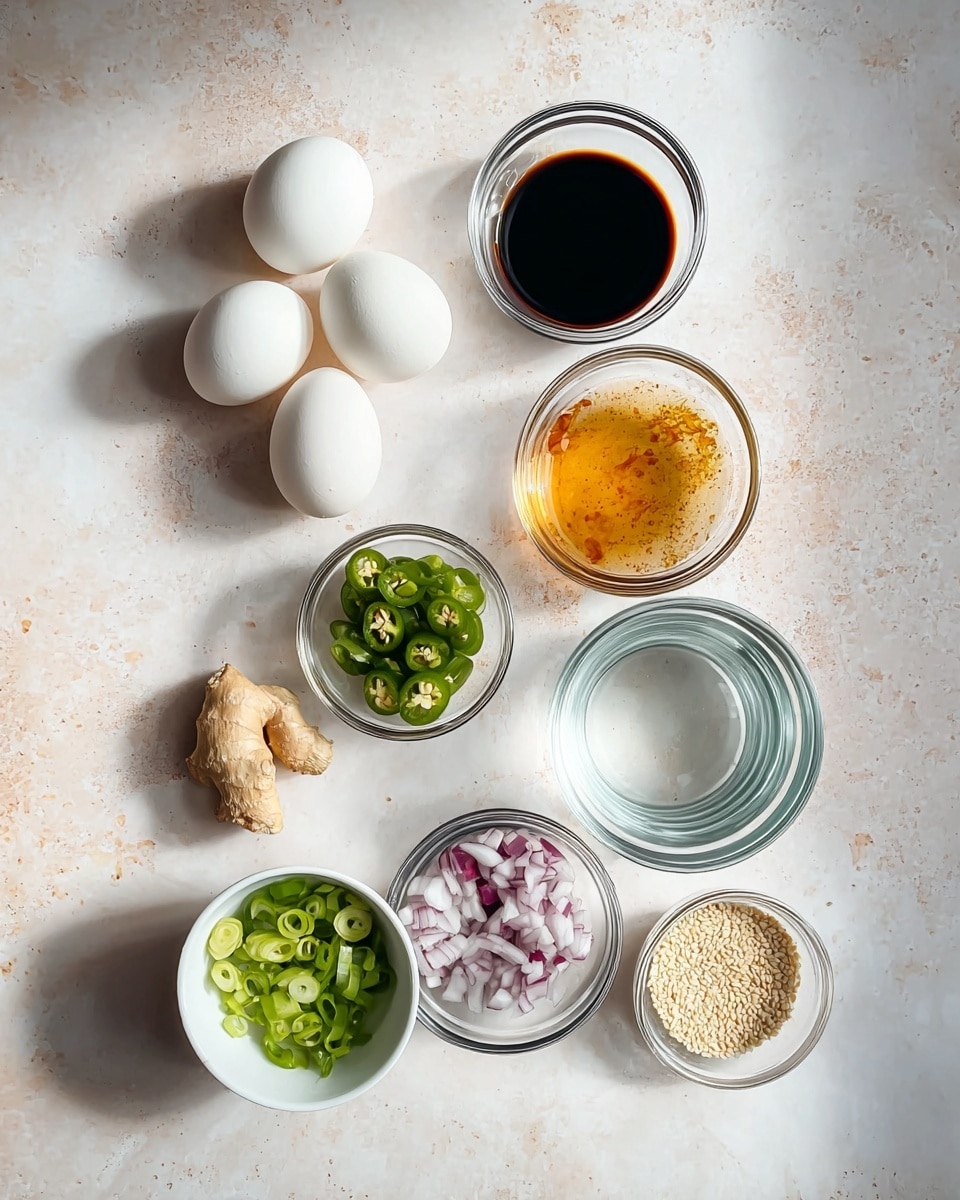 The image shows an arrangement of cooking ingredients on a white marbled surface. There are four white eggs placed near the top left corner. Below the eggs are small glass bowls holding various ingredients: one with a dark sauce, one with a golden-brown liquid, another with sliced green chili pieces, a bowl with chopped green onions, and two clear bowls with water. There is a small white bowl filled with chopped red onions towards the bottom left. Next to the bowl are garlic cloves and a piece of ginger. A small dish with sesame seeds is also visible near the bottom right. The setup is neat and well-lit with soft shadows. photo taken with an iphone --ar 4:5 --v 7