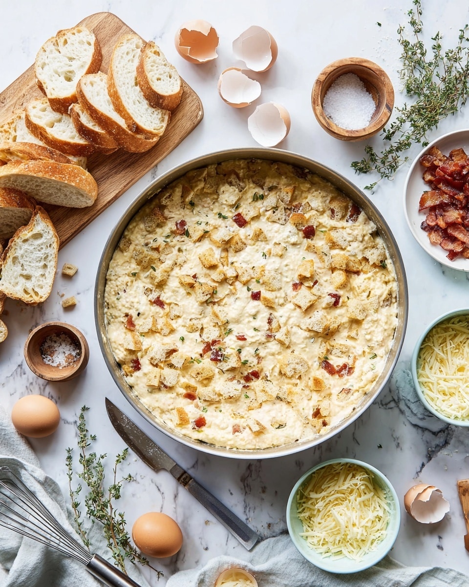 A round metal pan holds a thick, unevenly textured mixture with a creamy color, dotted with small pieces of browned bits and pale bread chunks spread across the top layer. To the left, multiple pieces of crusty white bread with a golden crust and airy inside rest on a wooden cutting board, accompanied by a large knife. Surrounding the pan on a white marbled surface are several broken white eggshell halves, a small wooden bowl with a mix of salt and black pepper and a tiny wooden spoon, a pale blue bowl filled with shredded pale yellow cheese, a white bowl containing a metal whisk, a small dish with cooked brown bacon pieces, and sprigs of fresh green thyme. The setting gives a fresh, homemade cooking feel. photo taken with an iphone --ar 4:5 --v 7