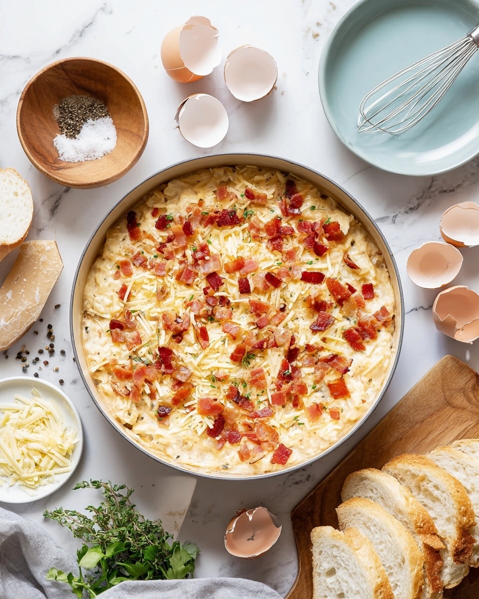 The image shows a round pan filled with a layered dish topped with light yellow shredded cheese and small pieces of crispy, reddish-brown bacon scattered all over. Beneath the topping, a beige, creamy mixture forms the main layer. Around the pan, there are broken white eggshells, a wooden bowl with salt and pepper, a white marbled surface, and a wooden board with sliced white bread pieces. A whisk sits inside an empty white bowl, and a pale blue plate holds some cheese shreds. Fresh green herbs lie on the surface near the bread. Photo taken with an iphone --ar 4:5 --v 7