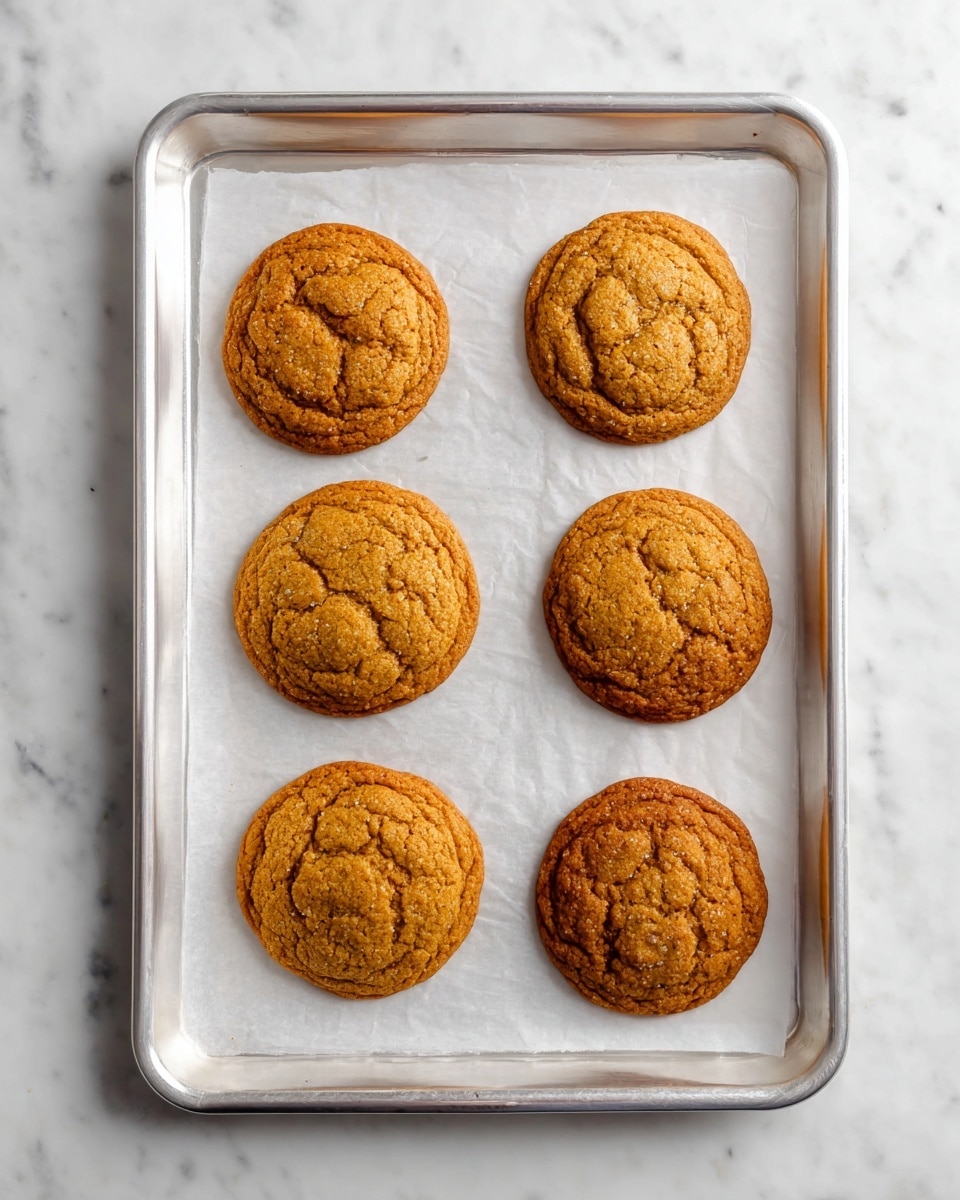 The image shows six round cookies placed on a sheet of white parchment paper that covers a silver baking tray. Each cookie is a warm golden-brown color with a slightly cracked, textured surface. The cookies are arranged in two rows, with three cookies in the top row and three in the bottom row, all spaced evenly. The baking tray sits on a white marbled surface. photo taken with an iphone --ar 4:5 --v 7