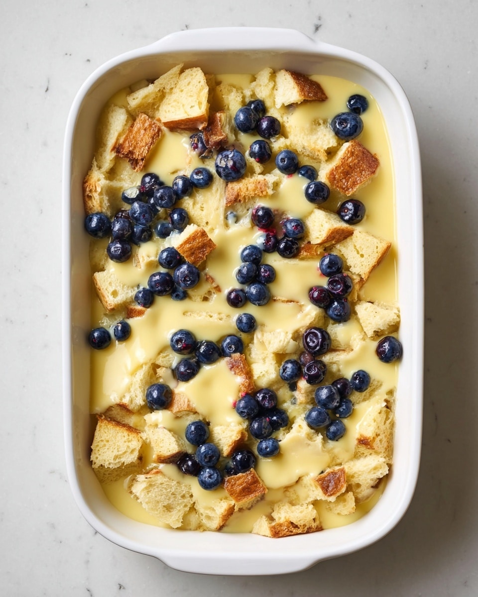 A white baking dish filled with a creamy bread pudding mixture showing three main layers: the base layer consists of soft, soggy, pale yellow bread pieces partially soaked in creamy custard; the middle layer has light yellow, smooth custard spread unevenly on top of the bread; the top layer is dotted with fresh, whole blueberries scattered all across, adding dark blue round pops of color. The dish sits on a white marbled textured surface. photo taken with an iphone --ar 4:5 --v 7
