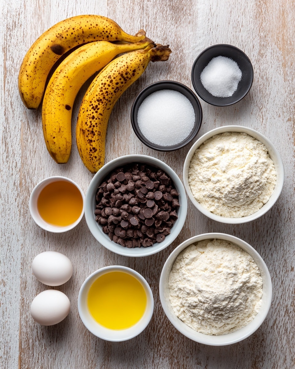 The image shows ingredients for baking arranged on a wooden table with a white marbled texture. Starting from the top left, there is a white bowl filled with three ripe bananas that are dark brown with some white spots. To the right of the bananas, two small black bowls hold white salt and baking soda powders. Below the baking soda, a white bowl is filled with dark brown chocolate chips. Next to it on the right is another white bowl filled with white sugar granules. Below these, a large white bowl contains white flour with a slightly rough texture. To the left of the flour bowl is a small white cup with a golden vanilla liquid. Above the vanilla cup, a white bowl holds bright yellow melted butter with a smooth surface. Two white eggs lie to the left of the melted butter, completing the ingredients set. The photo taken with an iphone --ar 4:5 --v 7