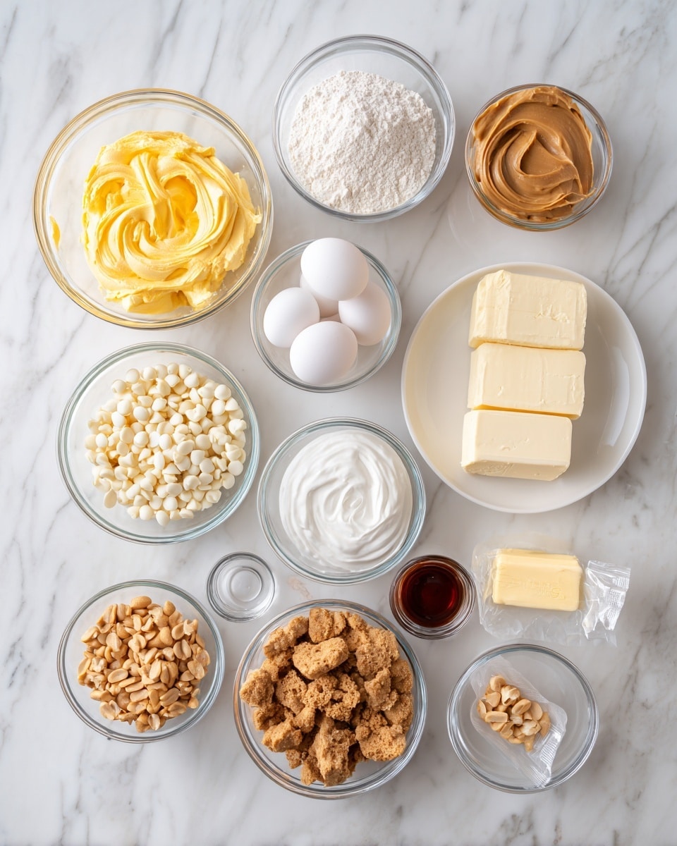 The image shows a white marbled surface with various clear bowls and a white plate holding ingredients for a recipe. In the top row from left to right are a clear glass bowl with yellow heavy whipping cream, another clear bowl with white all-purpose flour, a clear bowl with smooth light brown peanut butter, and a white plate with thick blocks of cream cheese. The middle row has a clear bowl with three white eggs, a clear bowl with white sour cream, and a clear bowl with white sugar. The bottom row includes a clear bowl with white chocolate chips, a clear bowl with chopped peanuts in light and dark brown tones, a small yellow stick of butter wrapped in paper, a small clear bowl with dark brown vanilla extract, and a clear bowl filled with crumbly, brown nutter butter crumbs. The overall look is neat and organized. Photo taken with an iphone --ar 4:5 --v 7