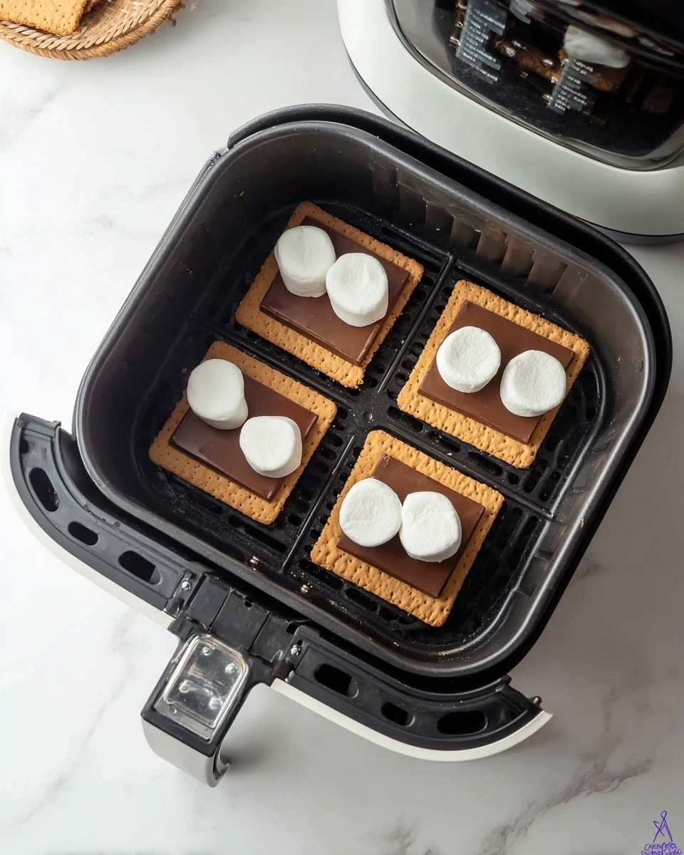 Inside a black air fryer basket on a white marbled surface, there are four sections of s'mores being prepared. Each section has one rectangular graham cracker base with two pieces of milk chocolate placed on top. On each chocolate piece, there is a round white marshmallow sitting neatly, making each section have two marshmallows, two chocolate pieces, and one graham cracker base. The air fryer basket is open, showing the grid pattern inside. The overall colors include light tan from the graham crackers, dark brown from the chocolate, and bright white from the marshmallows. Photo taken with an iphone --ar 4:5 --v 7