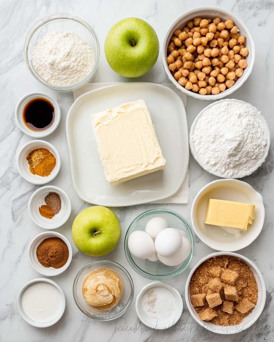 The image shows a white marbled surface with several small white bowls and plates arranged neatly, each holding different baking ingredients. In the center, there is a white plate with a rectangular white block of cream cheese. To the right, a white bowl holds a handful of brown sugar, and next to it, another white bowl filled with white flour. Above these, there is a white bowl with brown chickpeas and a stick of yellow butter resting in a small clear dish. A green apple and a single white egg sit between the ingredients. Small bowls arranged on the left side contain various spices, baking soda, salt, vanilla extract, and liquids like coffee and oil. The overall look is clean, organized, and bright, with all ingredients clearly visible on the surface. Photo taken with an iphone --ar 4:5 --v 7