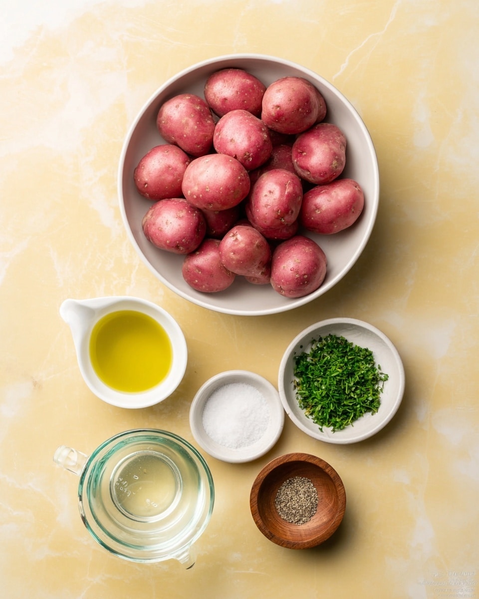 A white bowl filled with a pile of small red potatoes with smooth skins sits at the top center of the frame. Below the bowl, five small containers are arranged in a loose grid on a yellow background: a white ramekin of olive oil on the left, a clear glass measuring cup with water below it, a white ramekin with chopped green herbs to the right of the glass, a white ramekin of coarse salt in the center, a small wooden bowl with white salt to the right of it, and a small wooden bowl of ground black pepper at the bottom right. The surface is a white marbled texture. Photo taken with an iphone --ar 4:5 --v 7