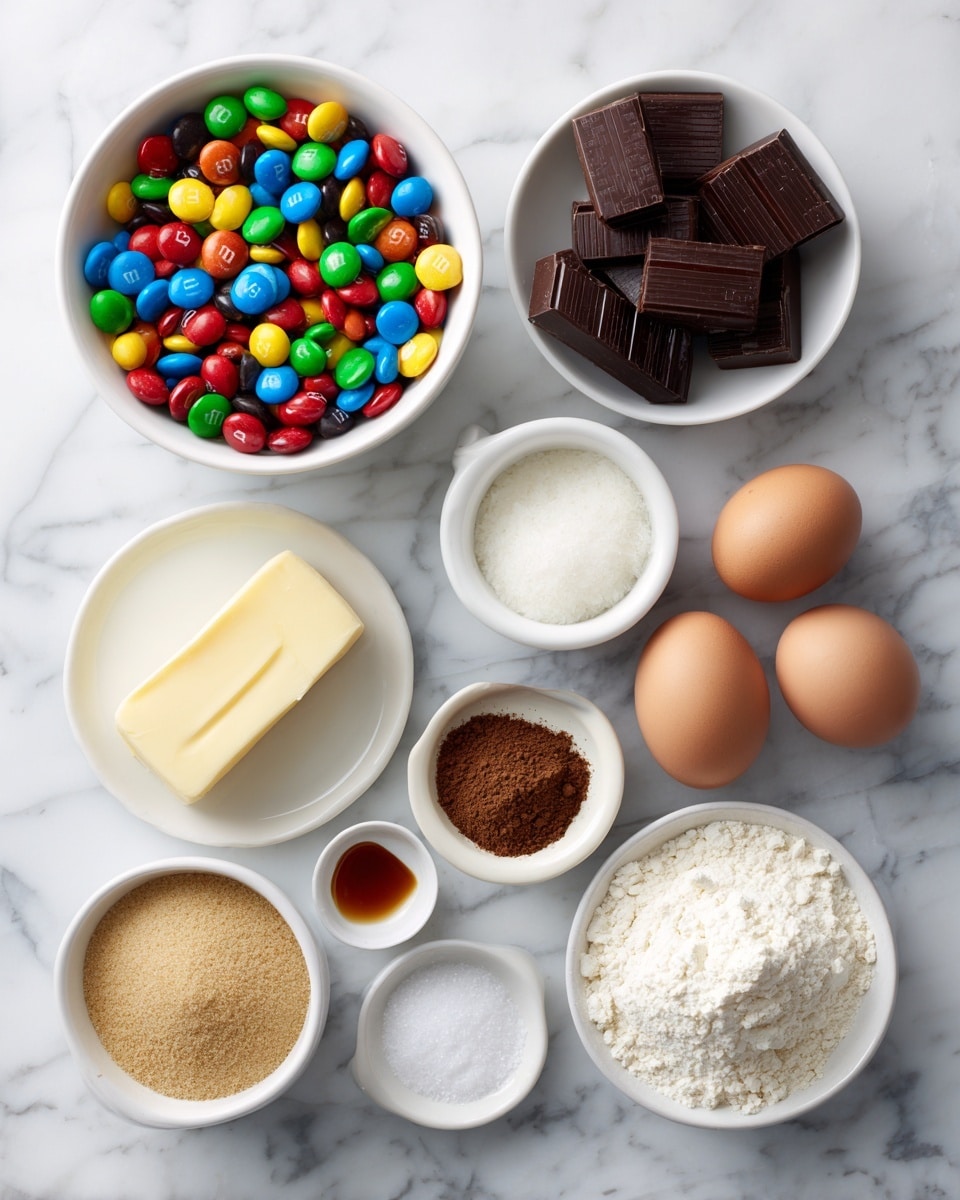The image shows a top view of 11 small white bowls and plates arranged neatly on a white marbled surface. The largest white bowl at the top left is filled with colorful M&Ms candies in red, yellow, green, blue, and orange. To the right is a white bowl with blocks of dark brown chocolate. Below the M&Ms bowl is a small white plate with a few light brown teaspoons of espresso powder on the left. In the center is a white round plate holding a light yellow stick of butter. Below the butter plate is a white bowl filled with white granulated sugar. To its right are three brown eggs sitting directly on the surface. Next to the eggs is a tiny white saucer with some salt. Below the salt is a small white bowl containing dry, dark brown cocoa powder. Near the bottom center is a white bowl filled with light golden brown sugar with a rough texture. At the bottom right is a round container holding white flour. At the bottom left is a tiny white bowl with vanilla extract. The bowls and plates are spaced evenly, and everything is shown clearly in natural light. photo taken with an iphone --ar 4:5 --v 7