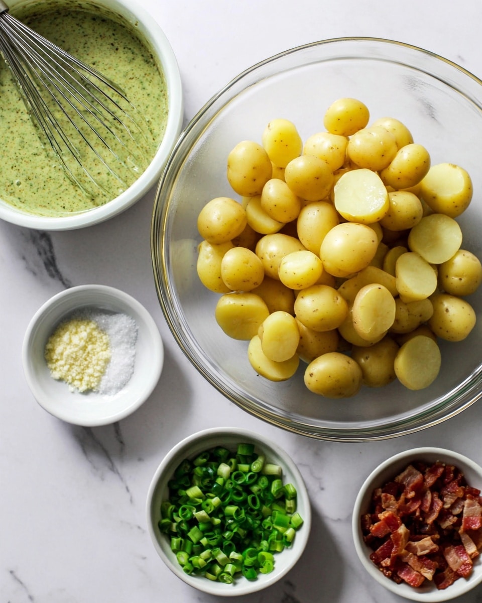 The image shows a clear glass bowl filled with small yellow baby potatoes, some whole and some sliced in half, placed on a white marbled surface. Around it, there are four small white bowls: the top left one has a thick green sauce with a silver whisk resting in it, the top right bowl contains salt, the bottom left bowl has chopped green onions, and the bottom center bowl has small pieces of cooked bacon. Photo taken with an iphone --ar 4:5 --v 7