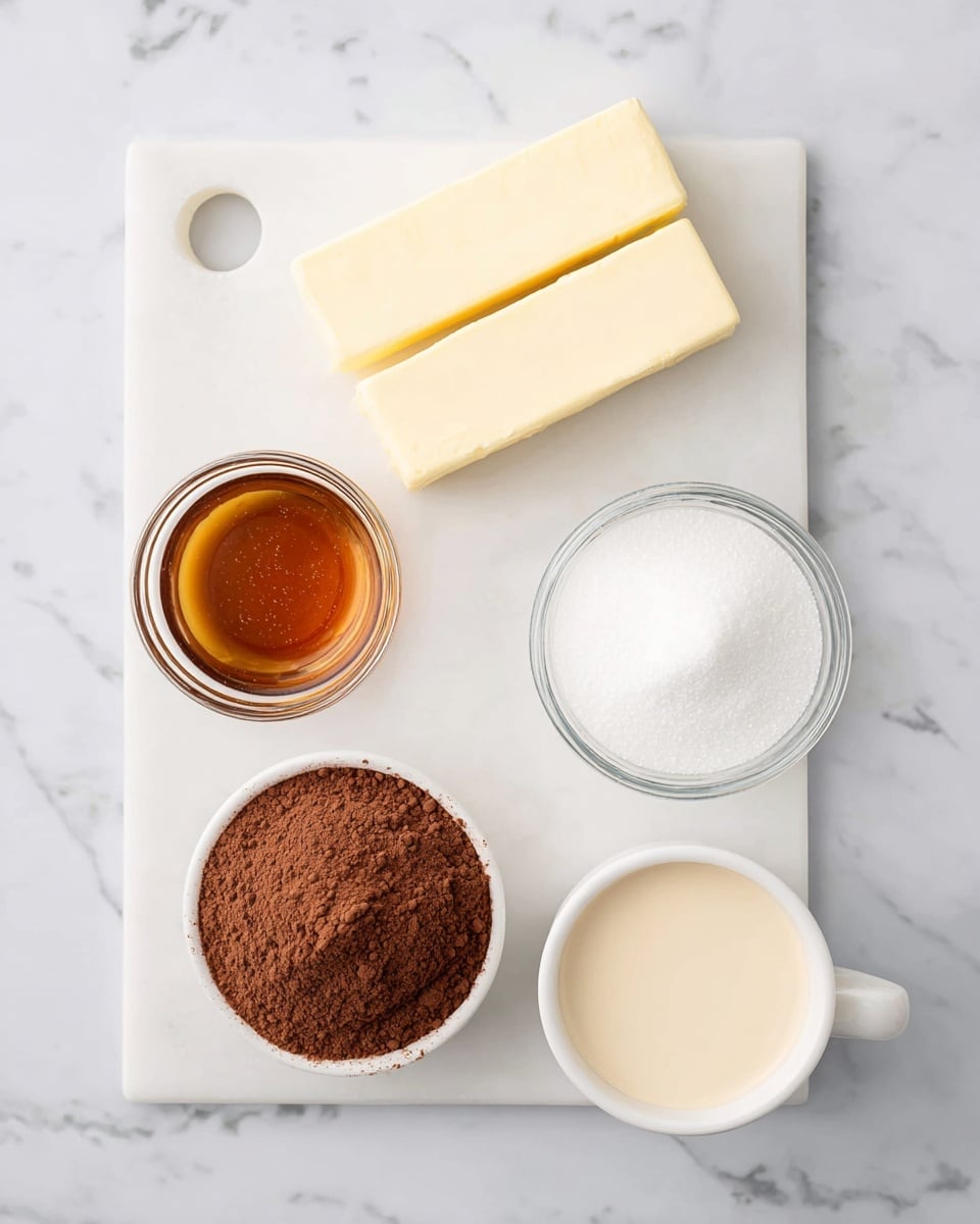 The image shows five baking ingredients placed on a white marbled texture. At the top left, two pale yellow sticks of butter lie side by side on a white rectangular cutting board with a hole on one corner. Below the butter on the board, there is a small clear glass bowl filled with amber-colored vanilla extract. To the right of the board, a round clear glass bowl is filled with fine white sugar, showing a slight swirl on top. Below it, a white ceramic cup holds creamy beige liquid, likely cream, with a smooth surface. At the bottom center, a white bowl contains a loose pile of brown cocoa powder with a fine texture. Photo taken with an iphone --ar 4:5 --v 7