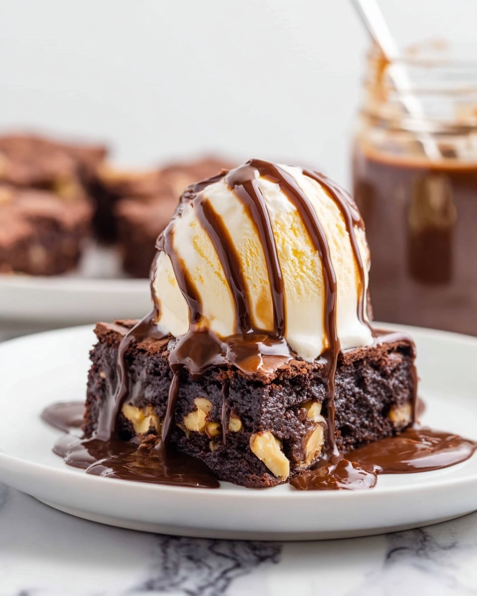 A square piece of dark brown brownie with visible light brown nut pieces inside sits on a white plate. On top of the brownie is a smooth round scoop of creamy vanilla ice cream, which has light yellowish-white color. Rich chocolate sauce is drizzled over the ice cream and brownie, dripping slightly down the sides and onto the plate. The plate is placed on a white marbled surface, with a blurred background of more brownies and a glass jar with chocolate sauce. photo taken with an iphone --ar 4:5 --v 7