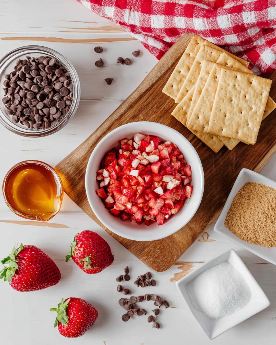 The image shows a white bowl filled with small red and white chopped strawberry pieces, placed in the center of a wooden cutting board. Behind the bowl, there are five stacked rectangular crackers with a light golden color, resting partially on a red and white checkered cloth. Around the cutting board, there is a clear glass measuring cup full of dark brown chocolate chips on the left, a small square white bowl containing amber-colored honey below it, and some loose chocolate chips scattered nearby. To the right, there is a small white square bowl with some white powder and a round white bowl filled with light brown sugar. In front of the cutting board, three fresh whole strawberries with green tops are placed on the white marbled surface. Photo taken with an iphone --ar 4:5 --v 7