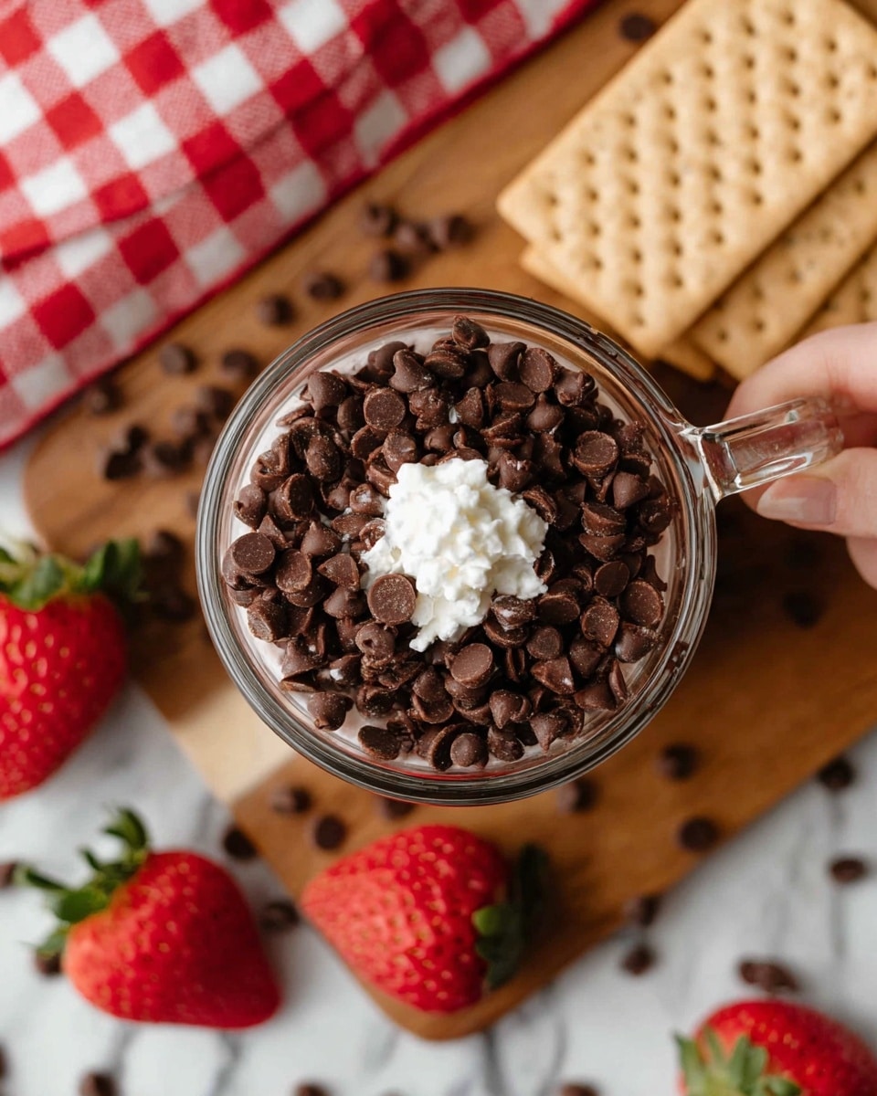 A clear glass measuring cup filled with many small dark brown chocolate chips, topped with a dollop of white coconut oil in the center. The measuring cup is placed on a wooden board with a white marbled surface beneath it. Below the board, there are three bright red strawberries with green leaves and some scattered chocolate chips around them. In the background, a few light brown graham crackers are held by a woman's hand above a red and white checkered cloth. photo taken with an iphone --ar 4:5 --v 7