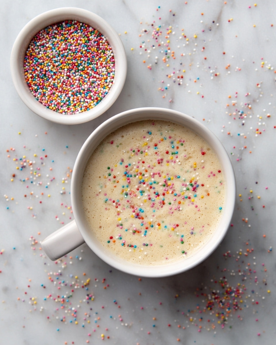 A white cup filled with creamy beige batter is centered on a white marbled surface, with colorful rainbow sprinkles scattered both inside the batter and around the cup. Above the cup is a small white bowl filled with more rainbow sprinkles. The text