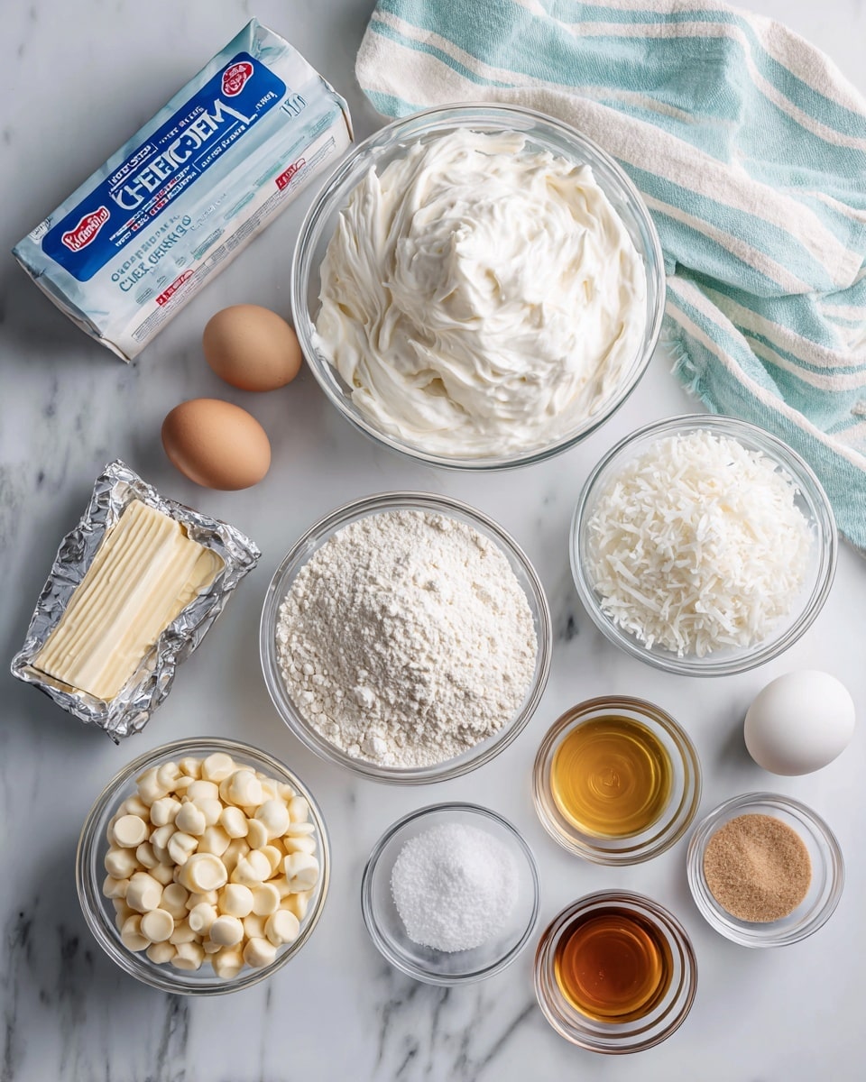 The image shows a top view of various baking ingredients arranged neatly on a white marbled surface with a pastel striped cloth underneath some bowls. There are seven clear glass bowls: one large bowl with white whipped topping that is smooth and creamy, a bowl with white shredded coconut that has a fluffy texture, a bowl with white flour that looks powdery and soft, a bowl of white and light brown sugars divided evenly, and a bowl filled with round, pale white chocolate chips. Nearby, there is a silver wrapper box of cream cheese, a stack of butter sticks with red markings, a single white egg, and two small clear containers holding golden vanilla extract and a darker coconut extract. There is also a very small clear bowl with white salt and baking soda granules. All the items are positioned clearly and evenly spaced across the surface. Photo taken with an iphone --ar 4:5 --v 7