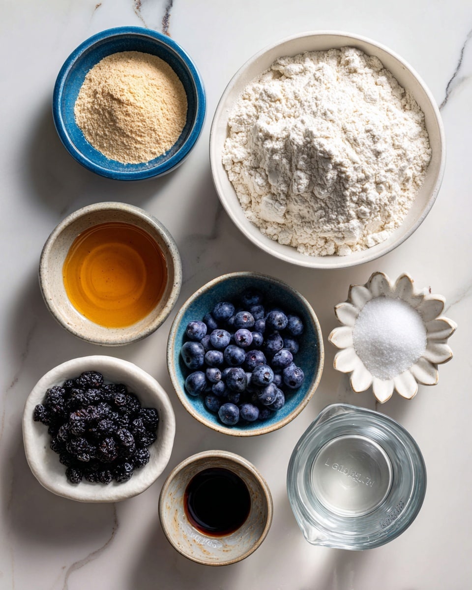 The image shows nine white bowls and a clear glass measuring cup, all placed on a white marbled surface. The largest bowl in the center holds white bread flour with a soft powder texture. Above it to the left is a small blue bowl with beige yeast powder. Next to this is a small white bowl filled with smooth golden honey. To the right of the honey is a white bowl filled with frozen blueberries that have a deep purple-blue color and frosty texture. Below the frozen blueberries is a small blue bowl with white salt crystals. To its right is a white bowl shaped like a flower, filled with white granulated sugar. Below the sugar is a small clear glass bowl holding dark brown vanilla liquid. To the left of the vanilla bowl is a white bowl filled with dried blueberries that are shriveled and deep blue-black in color. Finally, at the bottom right is a clear glass measuring cup filled with clear water. The bowls are neatly arranged and labeled with black text on white blocks. photo taken with an iphone --ar 4:5 --v 7
