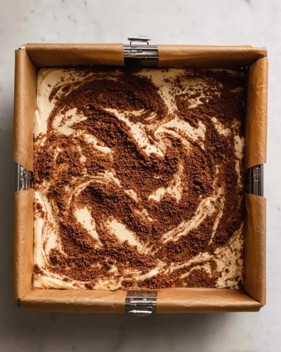 The image shows a square baking pan lined with brown parchment paper, filled with a dessert. The dessert has two main layers visible from the top: a creamy, light beige base layer and a thick sprinkle of dark brown crumbly topping that is spread unevenly, creating swirled patterns where the base is partially visible underneath. The baking pan has metal clips holding the parchment paper in place at the corners. The background is a white marbled surface. photo taken with an iphone --ar 4:5 --v 7