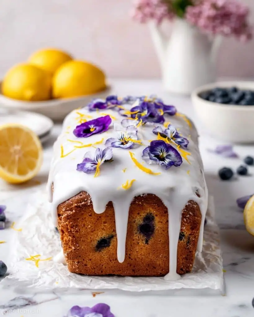 Lemon and Blueberry Loaf Cake with Lemon Drizzle and Edible Flower Decoration Recipe