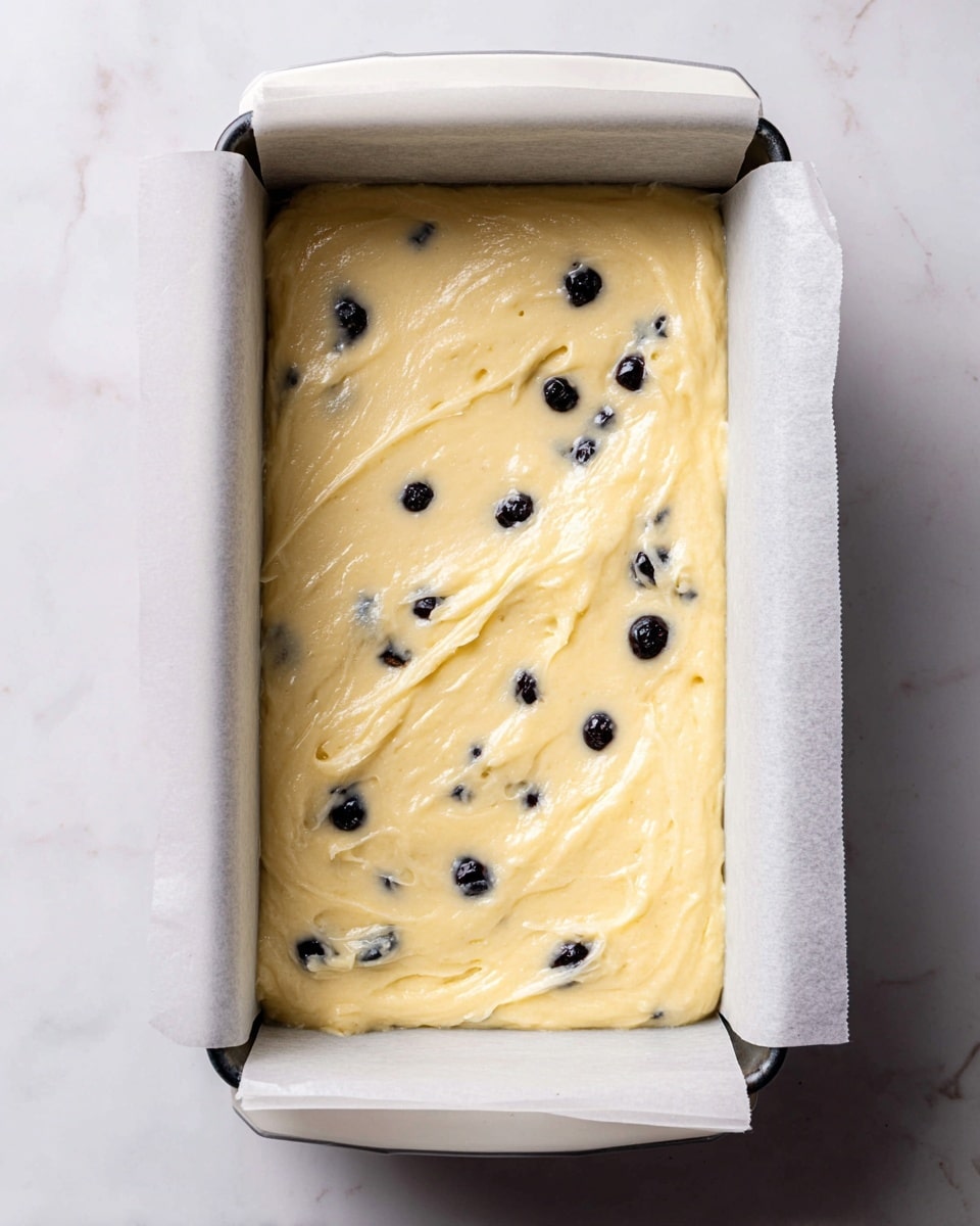 A white baking pan lined with white parchment paper is filled with a thick, creamy pale yellow batter that has a smooth and slightly textured surface. Small dark blueberries are scattered within the batter, visible near the top layer, adding contrast to the light yellow mixture. The batter is spread evenly within the pan, resting on a white marbled surface. Photo taken with an iphone --ar 4:5 --v 7