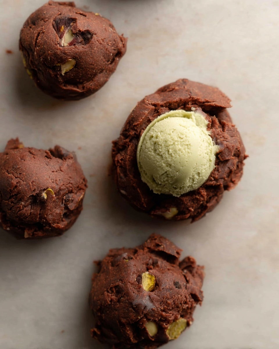 The image shows four rough, dark brown cookie dough balls with visible chunks of nuts and possibly dried fruit, placed on a white marbled surface. One cookie dough ball in the center is pressed down with a scoop of pale green dough or cream placed on top in a rounded mound, contrasting with the rich brown dough beneath it. The dough has a rough texture and some subtle cracks, giving it a homemade look. The overall color palette is earthy and warm, with the dough balls spaced unevenly. photo taken with an iphone --ar 4:5 --v 7
