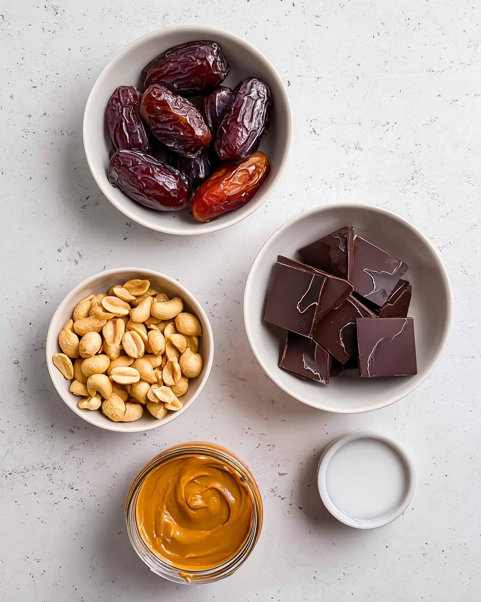 Four white bowls are placed on a white marbled surface in a loose square shape. The top left bowl contains shiny dark brown dates with a smooth and slightly wrinkled texture. The top right bowl holds pale golden dry peanuts, some whole and some split, showing a matte finish. The bottom right bowl is filled with dark chocolate squares that have a glossy surface and faint leaf patterns. The bottom left holds light brown creamy peanut butter in a small transparent jar, smooth and slightly swirled. Near the bottom center is a small white cup with white coconut oil inside. The image is bright and clean, showing clear textures and colors of each ingredient, photo taken with an iphone --ar 4:5 --v 7