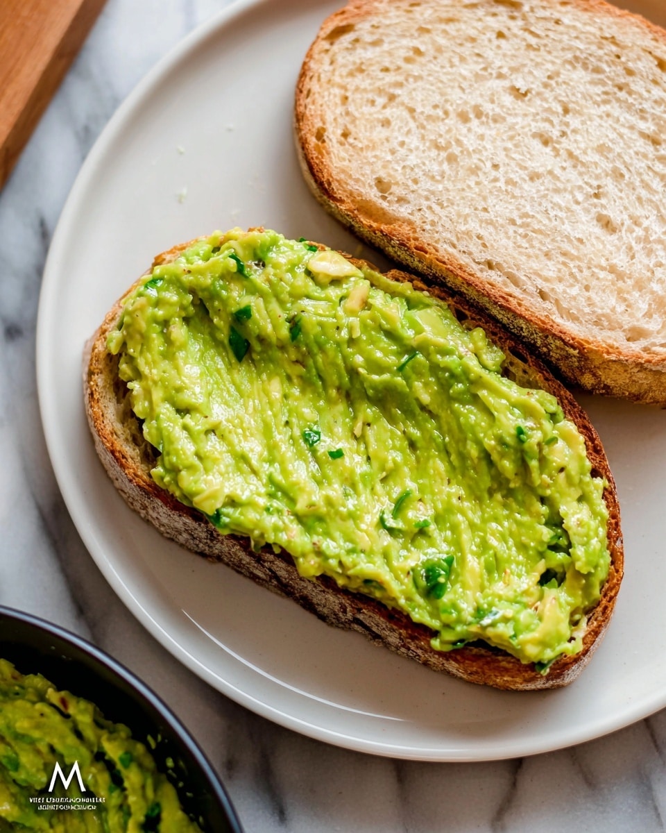 A close-up view of two slices of rustic bread on a white plate, with the bottom slice generously covered in a thick, creamy layer of mashed avocado that has a slightly chunky texture and visible small pieces. The avocado spread is bright green with hints of light yellow, showing clear ridges from being evenly spread. The top slice of bread is plain and placed slightly behind the avocado-covered slice. The background is a white marbled surface with parts of a bowl filled with similar avocado mixture visible at the bottom corner. photo taken with an iphone --ar 4:5 --v 7