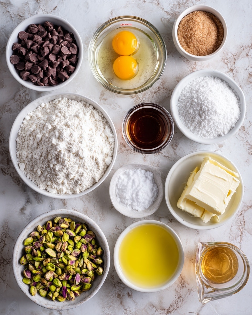 The image shows several small white bowls and one glass bowl placed on a white marbled surface, each filled with different baking ingredients. Starting from the top left, there is a white bowl full of small, dark brown chocolate chips. Next to it on the right is a clear glass bowl with two bright yellow egg yolks and clear whites. Above the center is a small white bowl containing dark brown vanilla liquid. Below the eggs is a medium white bowl filled almost to the top with light brown brown sugar. To the right of the brown sugar is a white bowl with a mound of fine white sugar. In the middle bottom area, there is a large white bowl heaped with white flour. Above it and slightly left, a medium white bowl is filled with green pistachios with bits of purple and brown shell colors. Near the flour and pistachios, there are tiny bowls with light golden honey, a small piece of pale yellow butter, white sea salt in a glass bowl, and a wooden bowl with small amounts of white baking soda, cornstarch, and salt. To the right is a clear glass measuring cup full of melted yellow butter. The arrangement is clean and organized, with all textures and colors clear and contrasting on the white marbled surface. photo taken with an iphone --ar 4:5 --v 7