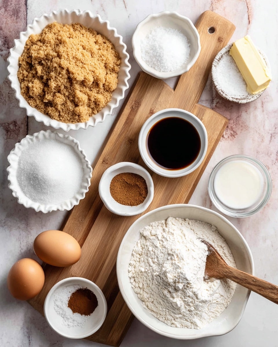 A white bowl filled with light brown crumbly sugar sits near a stick of butter on a white marbled surface. Around it, there are several white bowls and small dishes containing different ingredients: a bowl full of white granulated sugar, a small bowl with a dark liquid, a bowl of white coarse salt, a bowl with cinnamon powder, and a bigger white bowl filled with white flour with a wooden spoon resting inside. Two brown eggs lie on the side, and a clear glass bowl holds a white liquid, possibly milk. All these items are arranged on and around a wooden cutting board placed diagonally on the white marbled texture. photo taken with an iphone --ar 4:5 --v 7